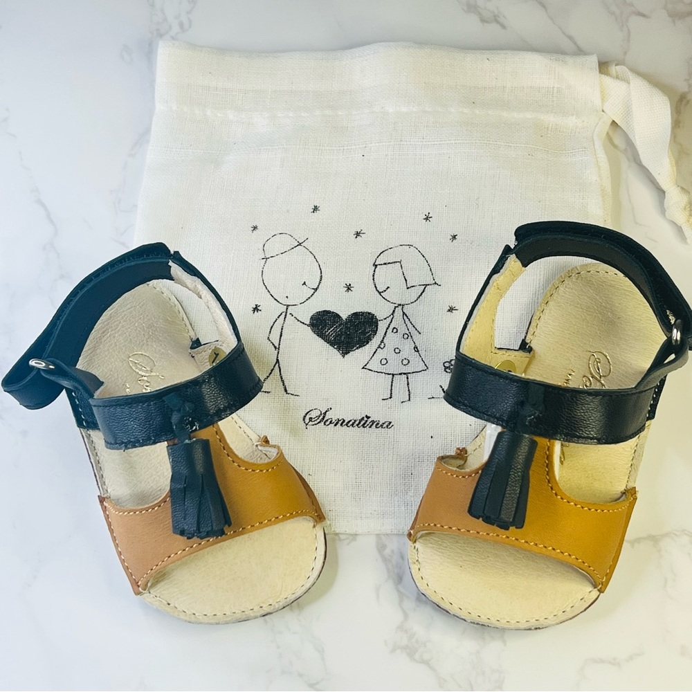 SONATINA Baby Tassel Sandals Size 18 US Black Camel Leather MSRP $86‎